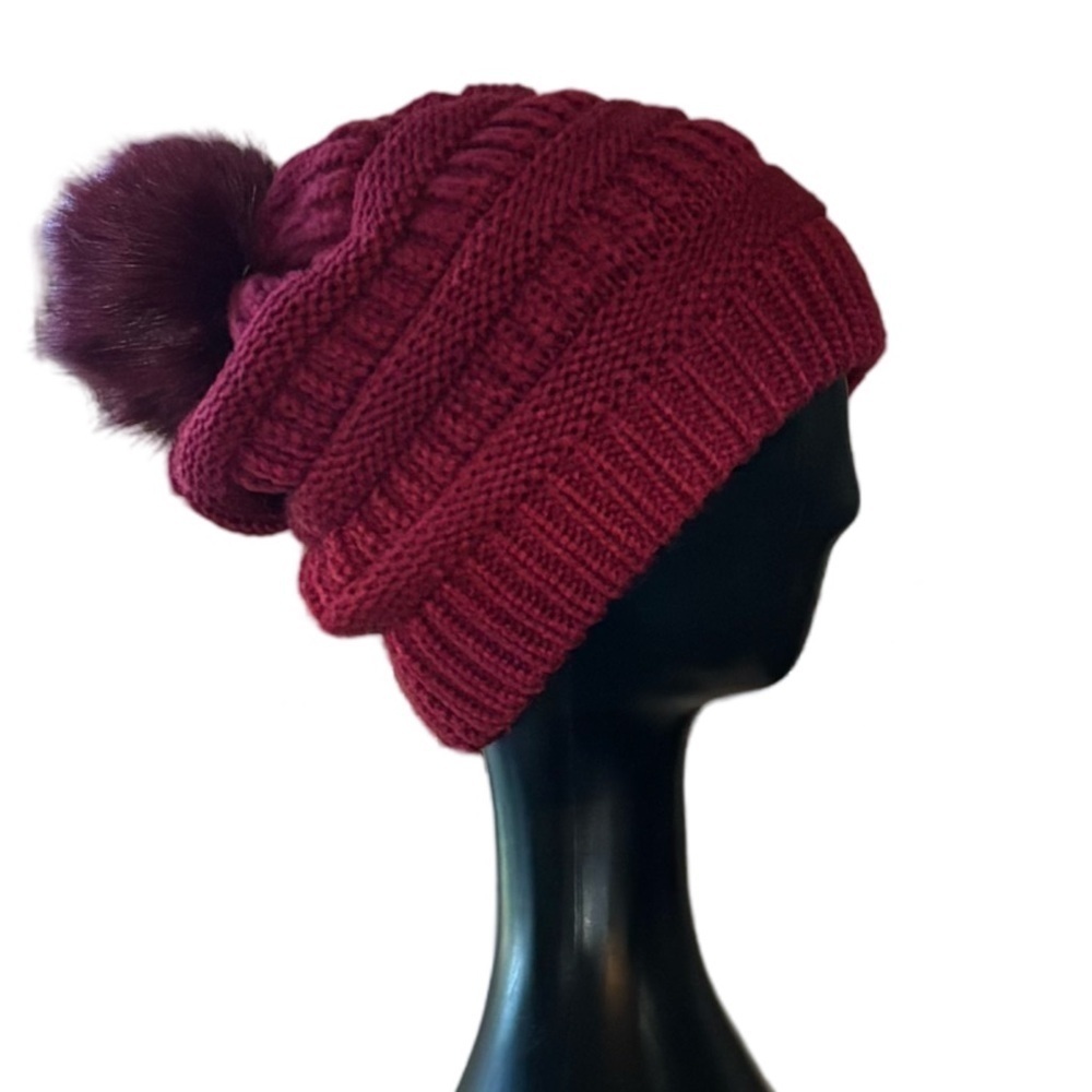 Queenfur Thick Cable Knit Winter Beanie With Faux Fur Pompom.  Color Bur…